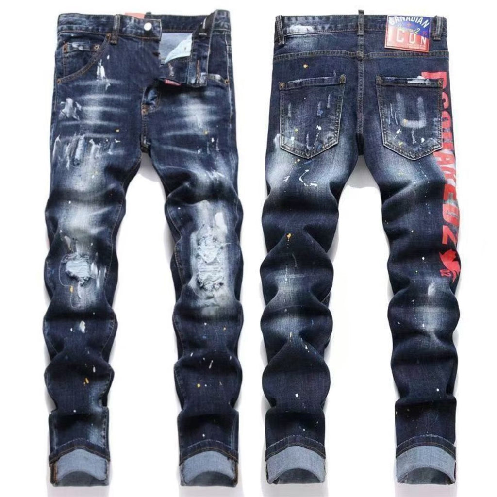 Embroidered Mens Ripped Stretch Denim Jeans