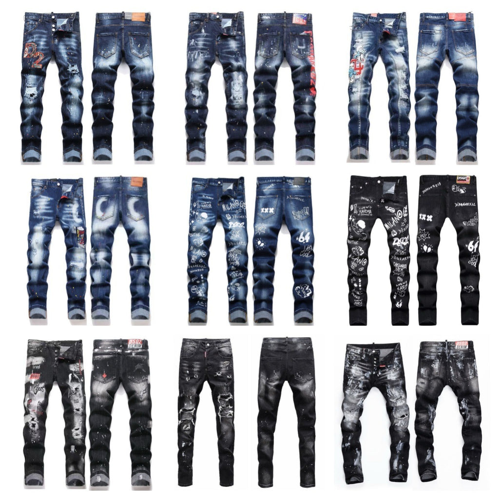 Embroidered Mens Ripped Stretch Denim Jeans