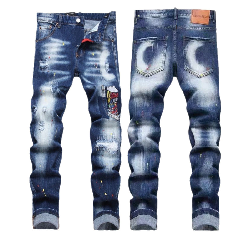 Embroidered Mens Ripped Stretch Denim Jeans