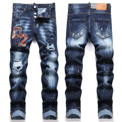 Embroidered Mens Ripped Stretch Denim Jeans