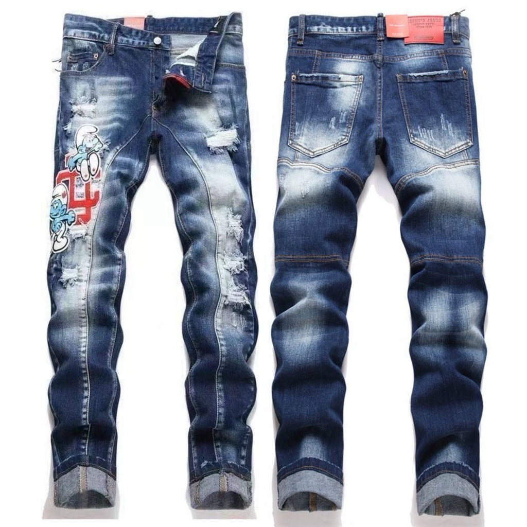 Embroidered Mens Ripped Stretch Denim Jeans